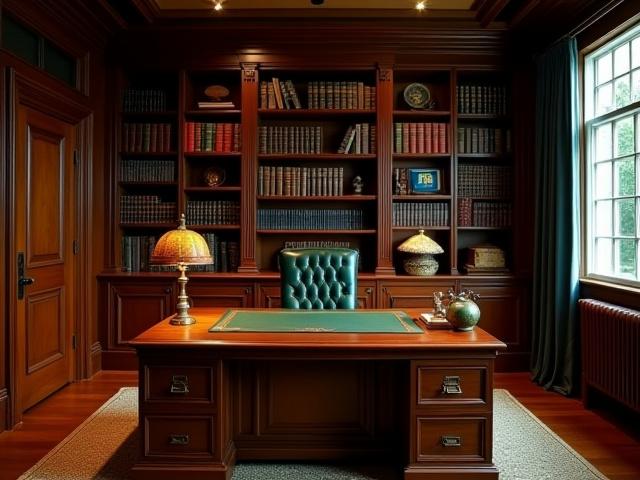 Klassisk hjemmekontor med et solid trebord, bokhyller og en skinnstol