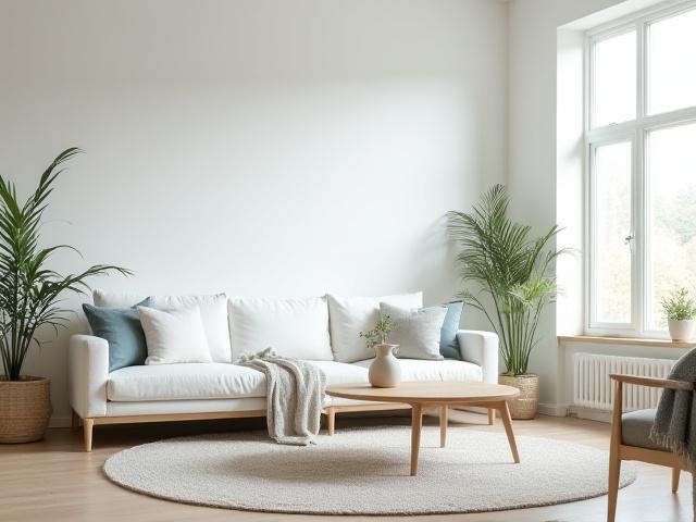 Lys og minimalistisk stue med en hvit sofa og et enkelt kaffebord